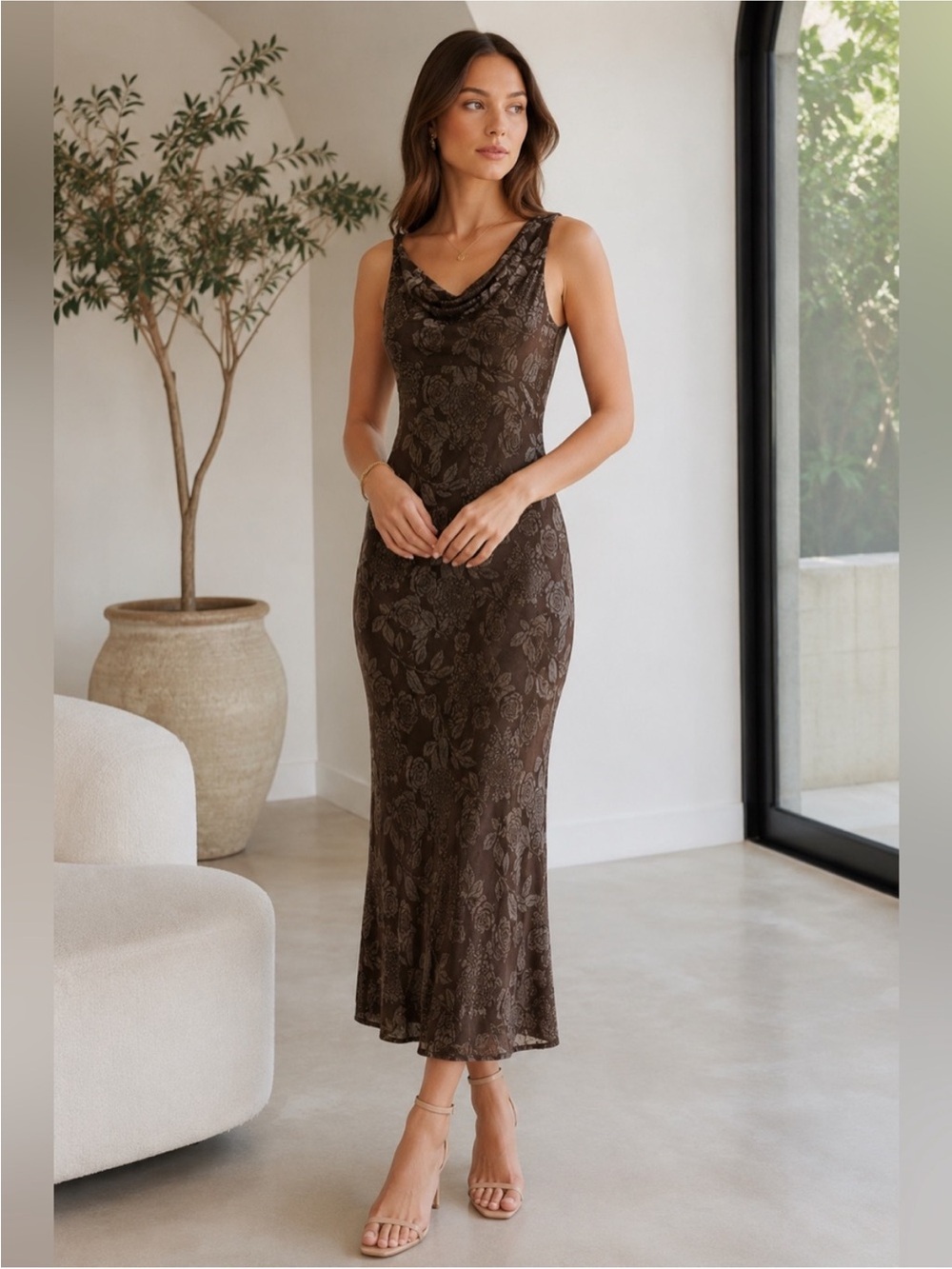 Sleeveless Cowl Neck Brown Velvet Dress